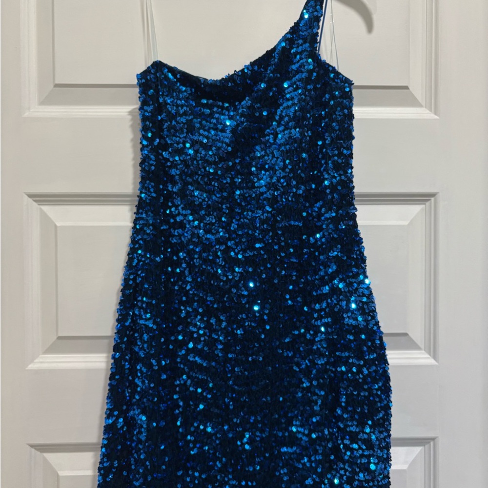 One Shoulder Blue Sequin Dress